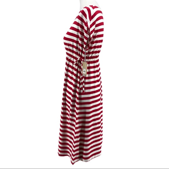 a:glow Red White Strip Drawstring Waist Short Sleeve Maternity Sheath Midi Dress - Picture 3 of 8